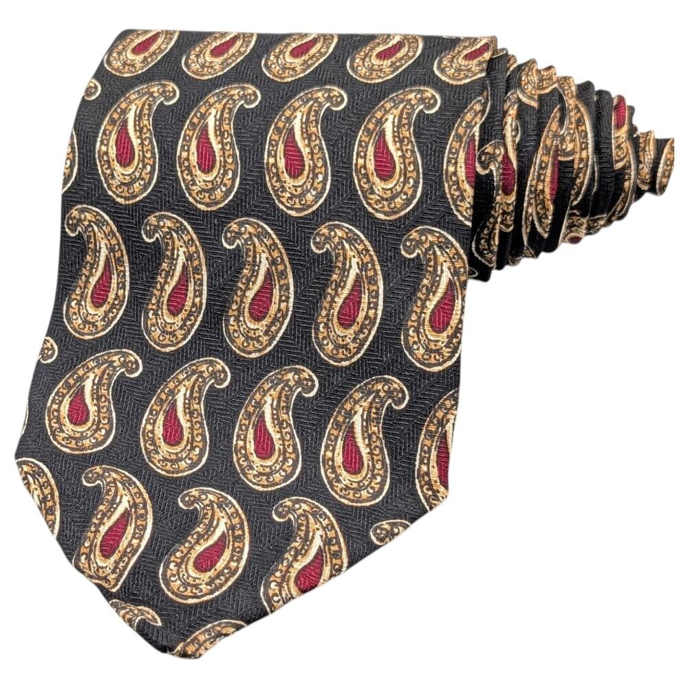 Robert Talbott Tie Mens‎ 57" Silk Paisley USA Black Gold Red Classic Necktie VTG